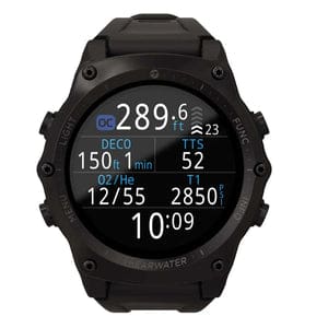 A black watch with a large screen and a time display.