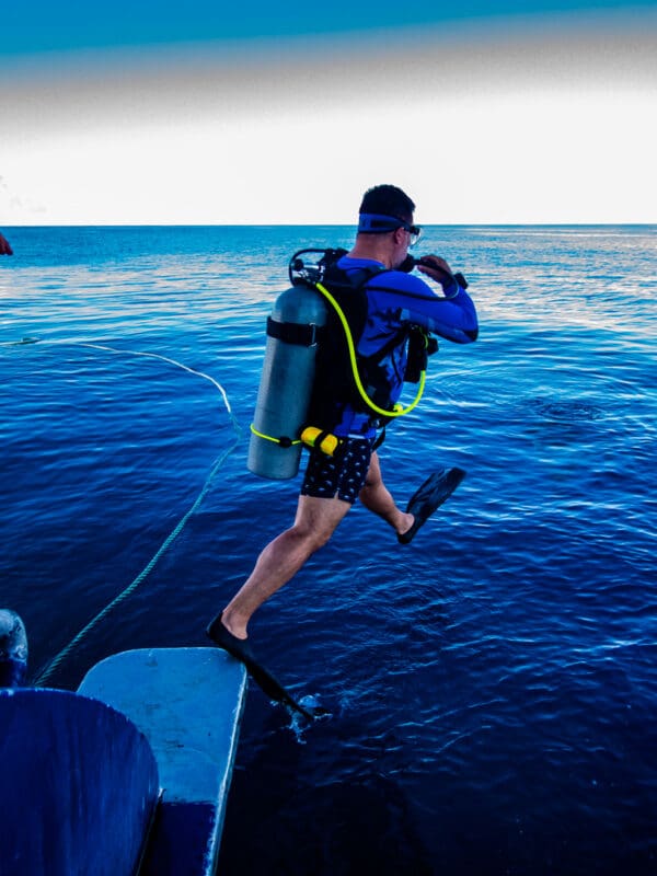 A man in blue wetsuit jumping off boat into water.