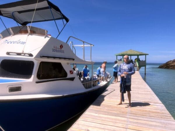 A group of people standing on the pier next to a boat.