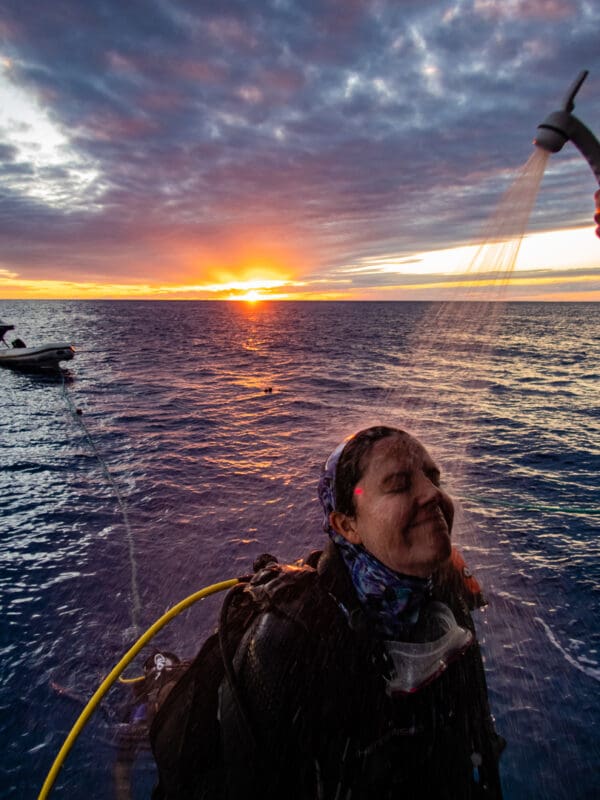 A man in scuba gear is looking at the sunset.