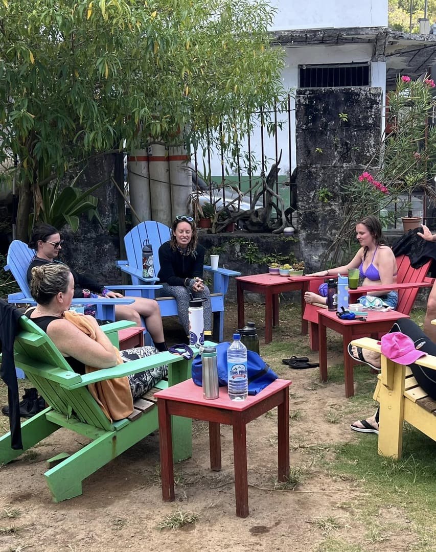 Four friends relax on patio chairs.